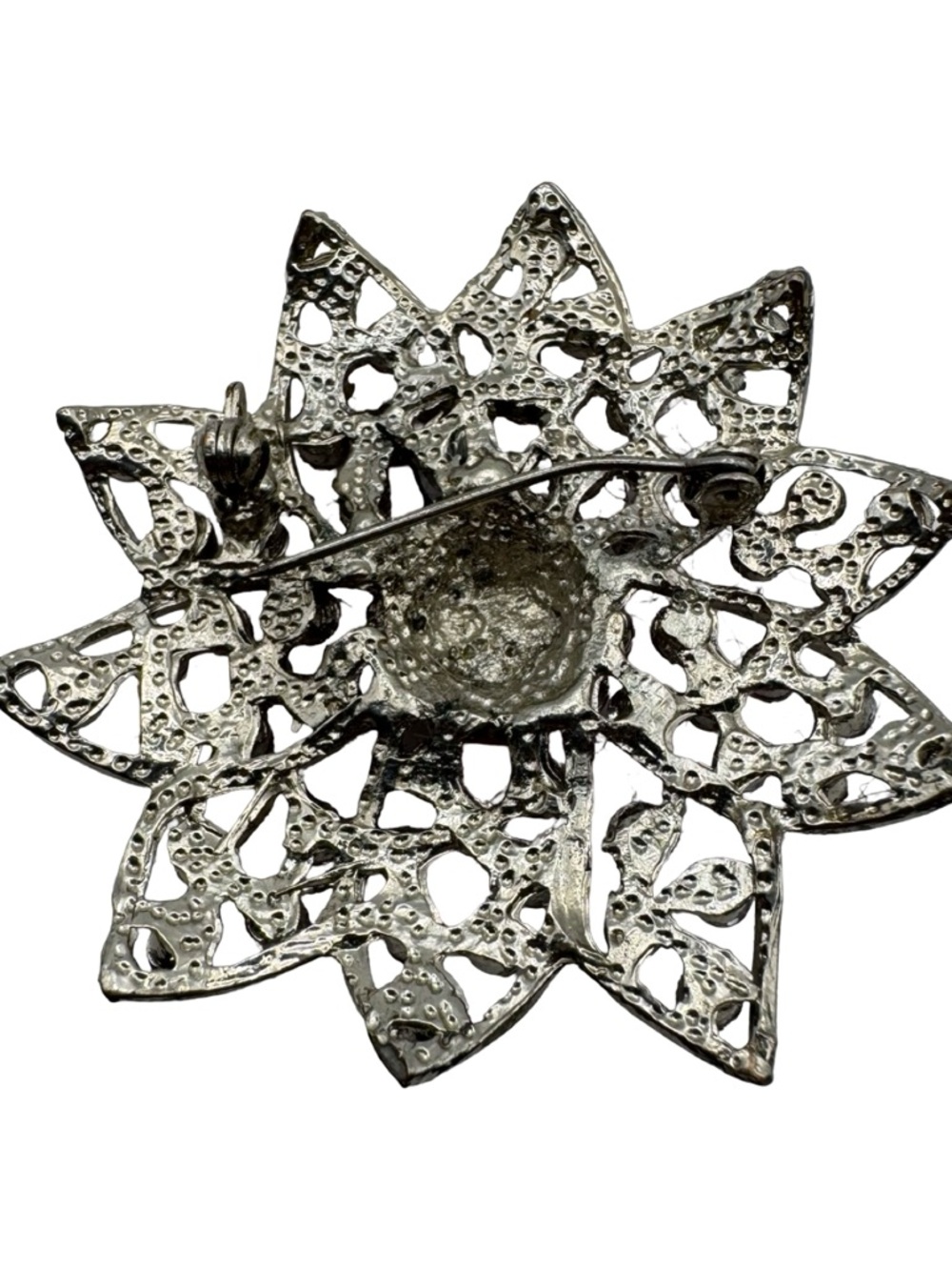 Vintage Pink Rhinestone Flower Brooch Silver Tone Floral Pin 1.75” - Picture 6 of 8